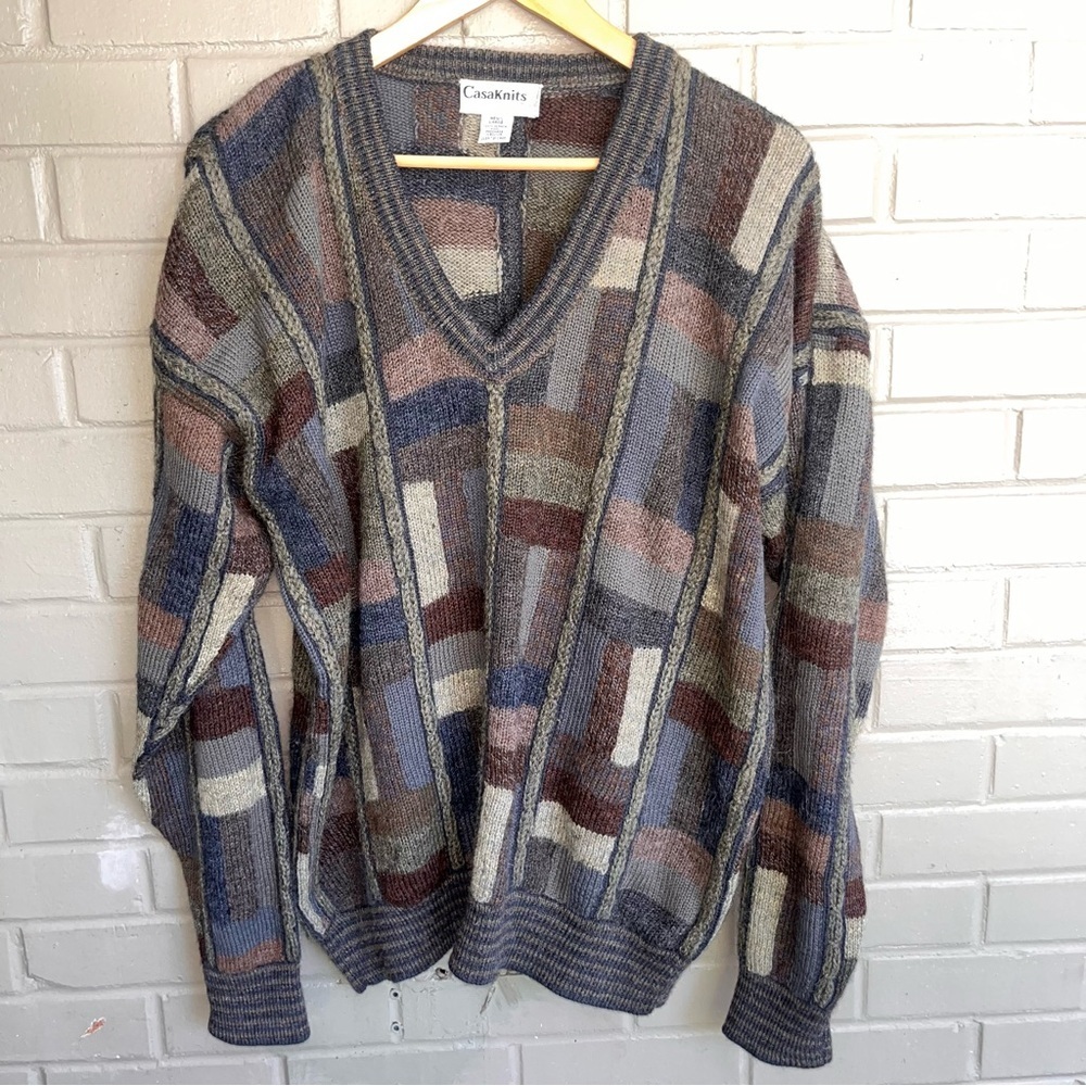 Casaknits Alpaca 100% Wool Coogi Style Cosby Sweater Patchwork Earth Tones XL